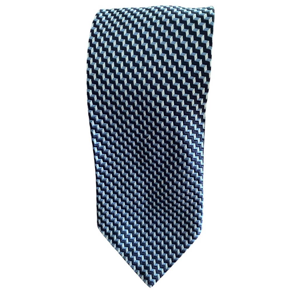 Faconnable Mens Blue Geometric Chevron Silk‎ Necktie Handmade in France